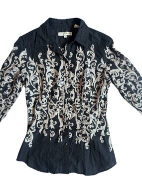 Stetson Western Button Up Shirt Black Silver Scroll Print Rhinestone Detail XS